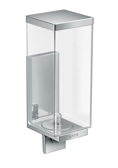 Transparenter Lotionenspender mit chromfarbener Wandhalterung, auf der Vorderseite eine Öffnung für die Befüllung. Produkt der Marke AXOR.